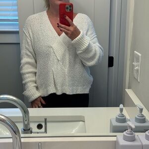 Free People White V-Neck Chunky Knit Sweater